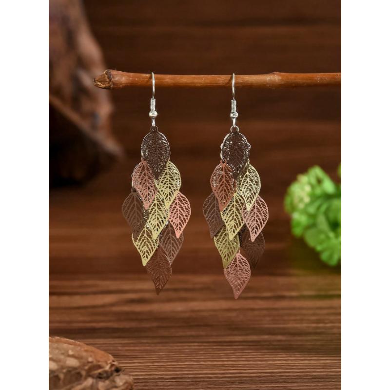 1 Pair Fashionable Retro Hollow Leaf Tassel Earrings For Women, Japanese And Korean Style