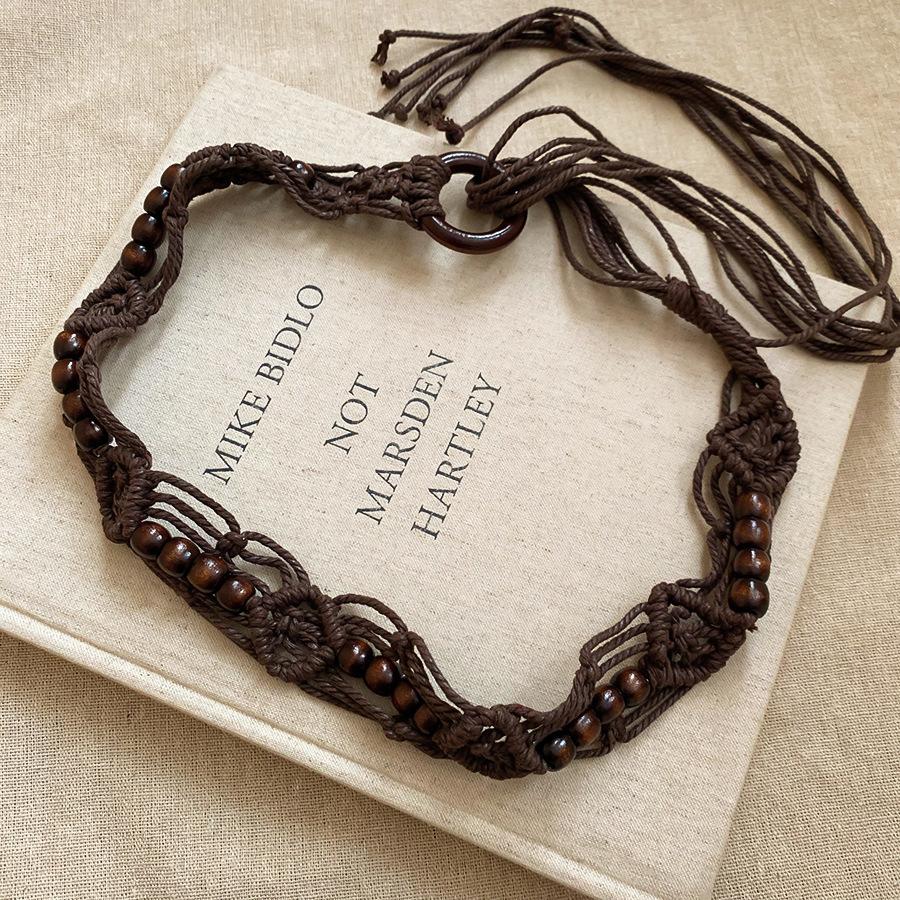 Ethnic Style Wax Rope Wood Bead Acrylic Woven Oval Waist Chain Temperament Belt Versatile Waist Jewelry