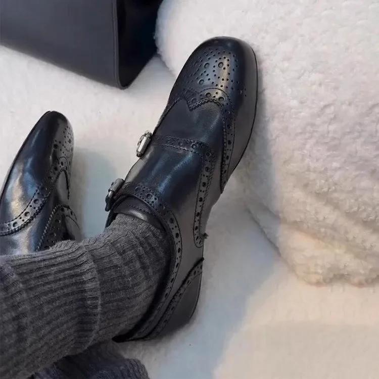 Fashion Comfortable Leather Flat Bottom Loafers Women's Retro Embossed Belt Buckle Square Head Single Shoes Genuine Leather Versatile Mi