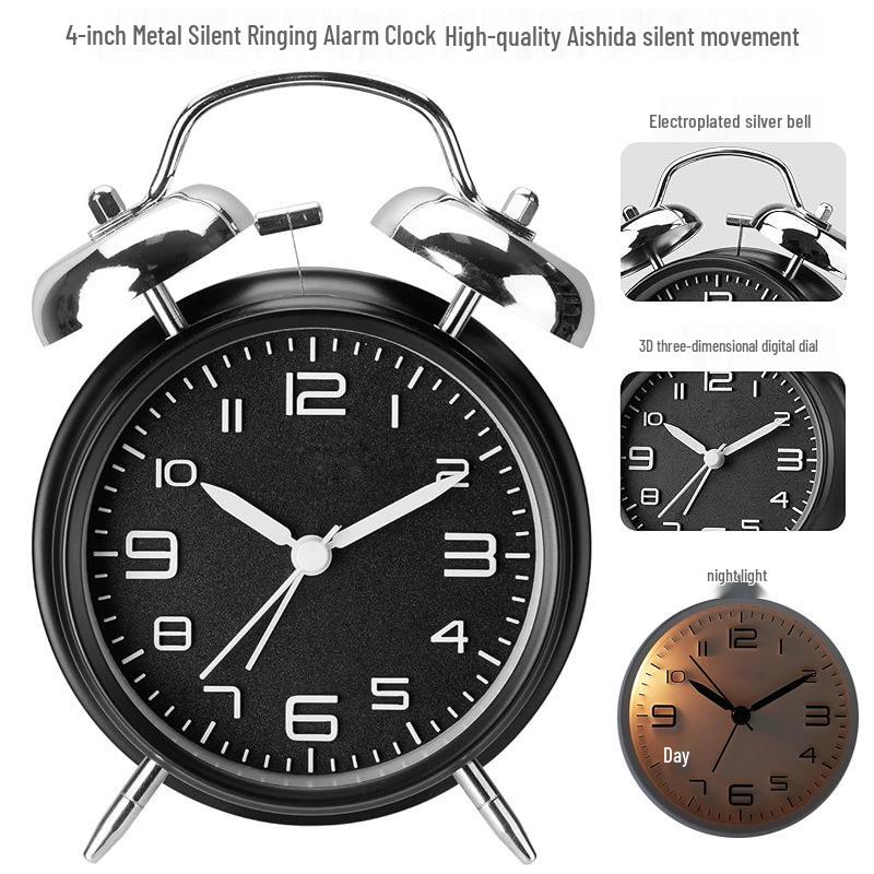 4-Inch Metal Silent Alarm Clock with Night Light - Ideal for Students and Children, Desktop Charging Silent Alarm Clock