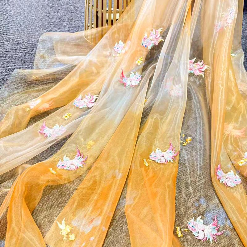 Printing Silk Chiffon Fabric Koi Carp Embroidery Fabric Tulle Handmade DIY Chinese Ancient Hanfu Stage Dance Dress Wedding Decor