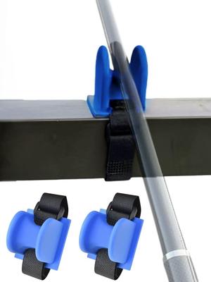 Set of 3 Fishing Rod Holders, Rod Rests, Rod Stands, Hook-and-Loop Attachments, for Embankments, Parapets, Handrails, and Fences (Flat - Blue)