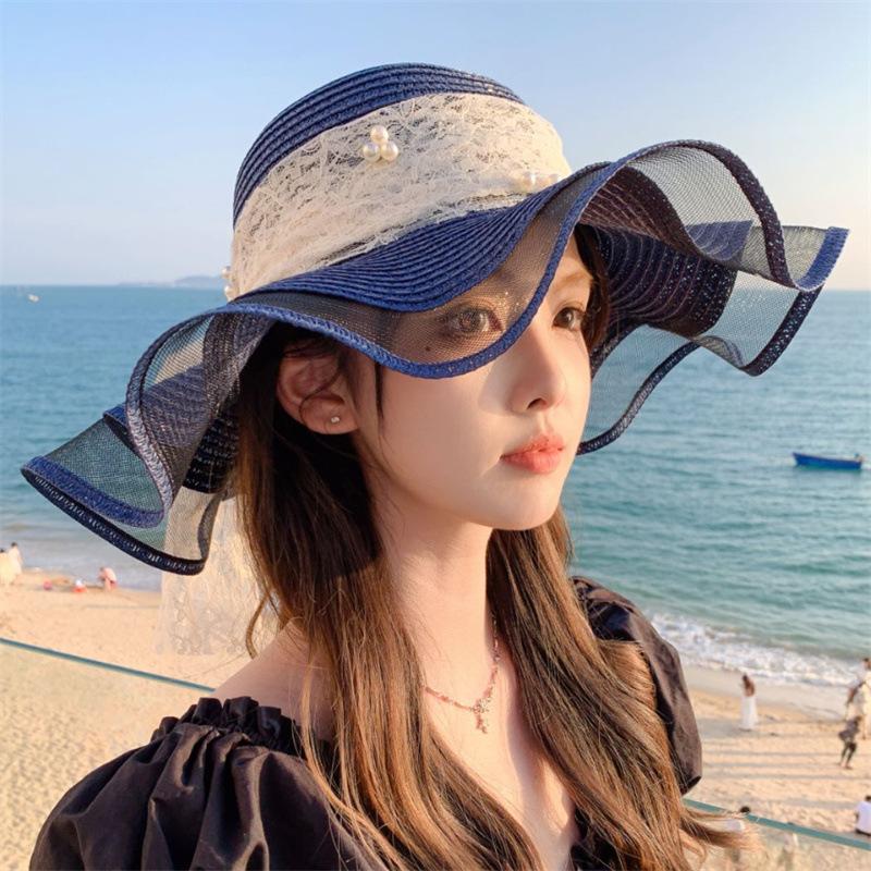 Summer French Big Brim Sun Hat Women's Fashion Ins Seaside Sun Protection Straw Hat Pastoral Pearl Face Small Sun Hat
