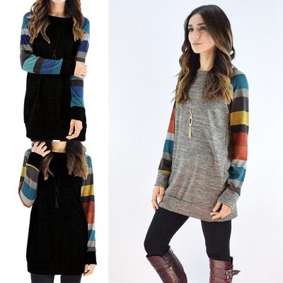 Spring Casual Women's Striped Patchwork Long Sleeve Color Block Hoodie Crew Neck Loose T-Shirt