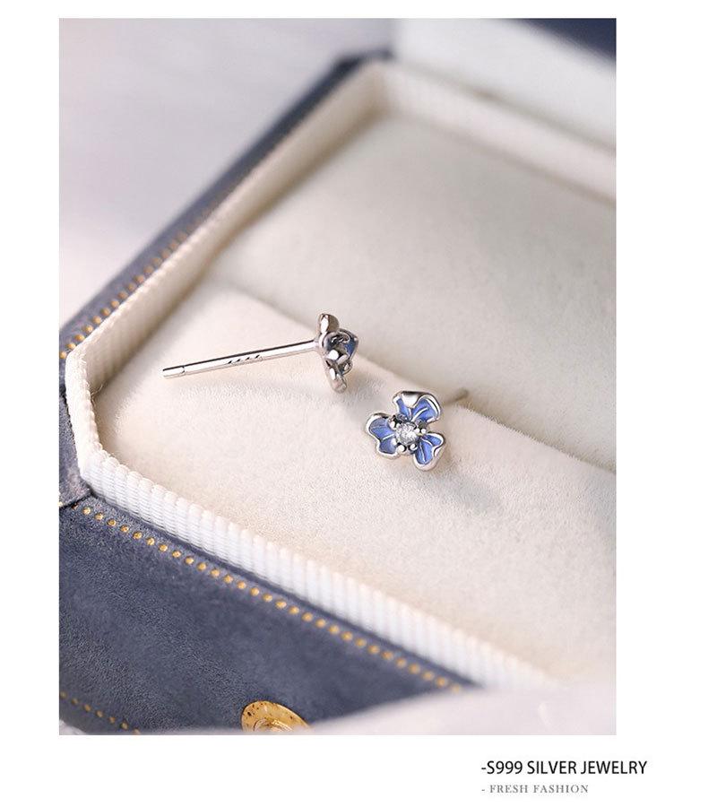 S999 Pure Silver Iris Ear Thread Earrings with Blue Zircon Flower Design