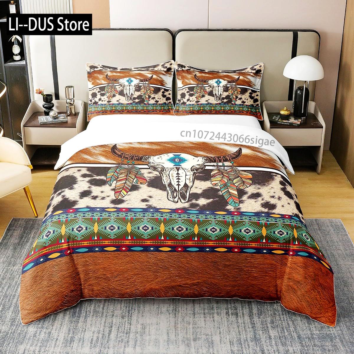 

Western Duvet Cover, Comforter Cover Boho Tribal Geometry Aztec Bedding Set Queen King, Bull Print Bed Sets with 2 Pillow Shams 135x200cm