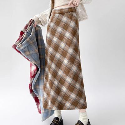 Autumn Vintage Checkered Woolen Skirts Lady Elegant High Waist Slimming A-Line Skirt Women Korean Streetwear Slit Long Skirt