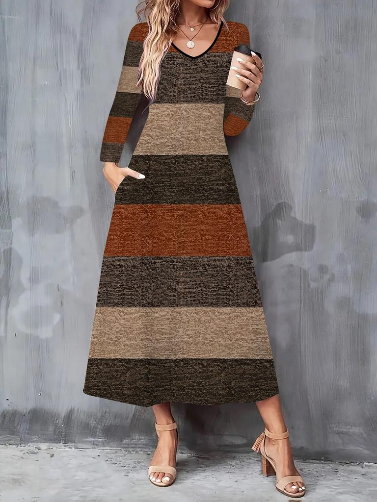 2025 Autumn and Winter New Women Casual Fashion Dress Autumn 3D Gorgeous Pattern Print  Long Sleeve V-Neck A-Line Dresses