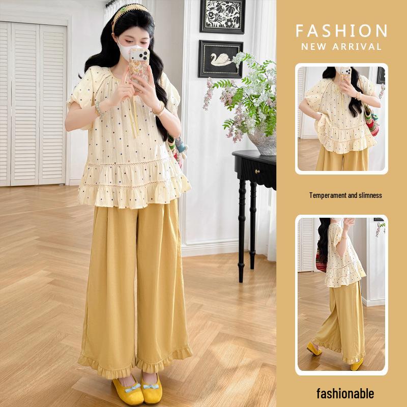 2026 Summer Maternity Fashion: Sweet Polka Dot Top & Wide-Leg Pants Set M