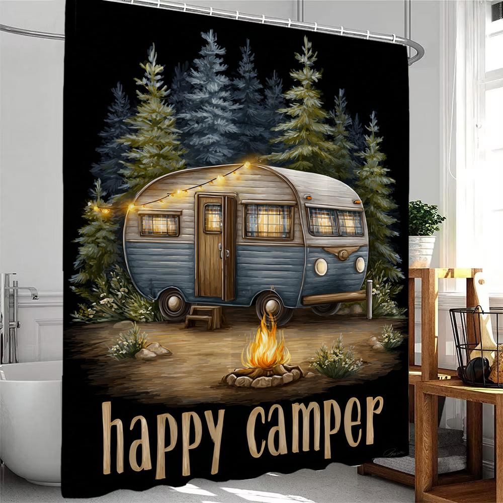 Happy Campers In Cartoon Forest Print Shower Curtain Bathroom Decoration Curtain,Hanging Curtain With Hooks Machine Washable