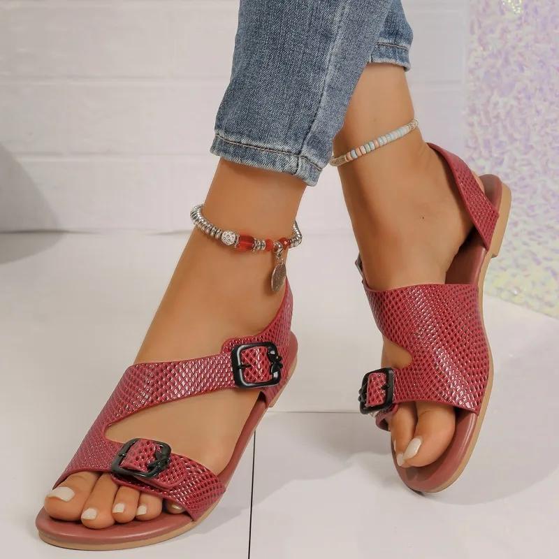 Casual Sandals Female Shoes 2024 Plus Size Women's Sandals Daily Women Round Toe Buckle Strap Flat with Open Toe Ladies Shoes