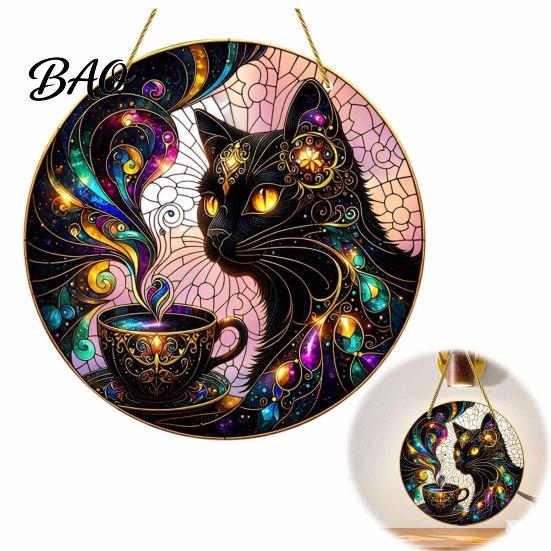 Decorative Craft Board Tag Moon Cat Halloween Window Hanging Decor, Mystical Black Round Sign Door Plaque for Indoor Outdoor Wall Art, Gothic