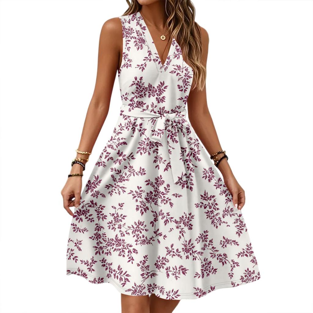 Vestido midi casual feminino primavera e verão, decote em V, sem mangas, cintura, estampa floral