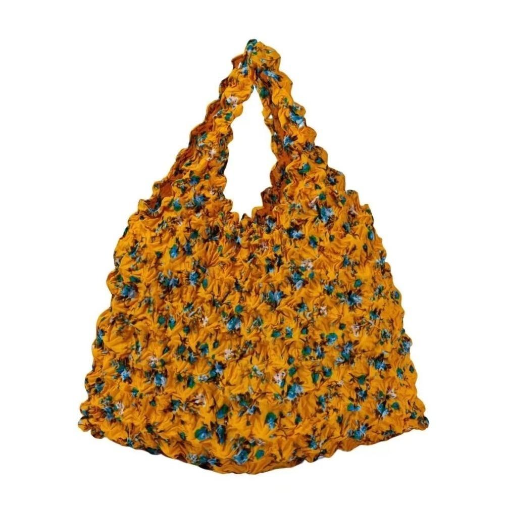 Portable Floral Pattern Bubble Bag Foldable Handheld Tote Bag Expandable Machine Washable Handbag for Travel
