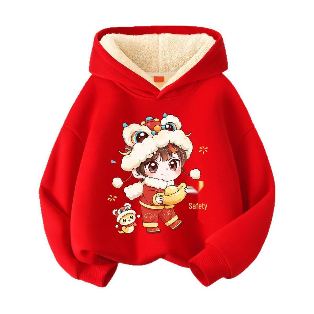 Unisex Red Fleece-Lined Hoodie for Kids - Warm New Year’s Greeting Outfit