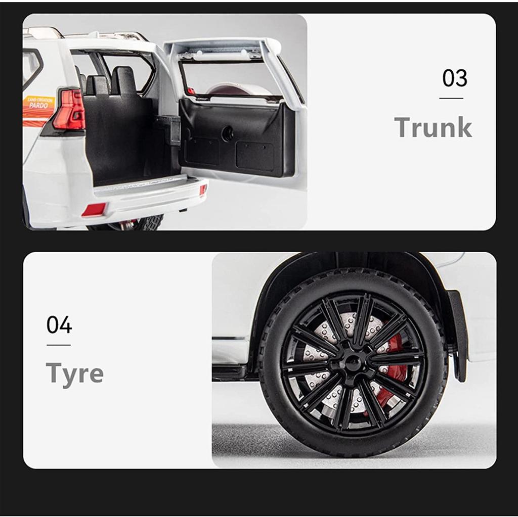 Model autíčka Toyota Land Cruiser v měřítku 1/24, stahovací autíčko se zvukem a světlem pro děti Batole Kluci Dívčí Dárková kolekce