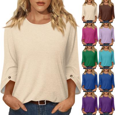 Women’s Relaxed Fit Three Quarter Sleeve Button Blouse Soft Lightweight Round Neck Top Casual Style