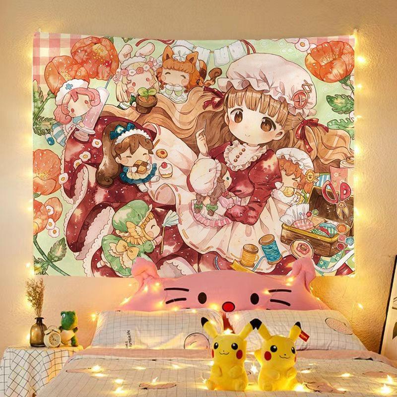 Cute girl and rabbit tapestry for bedroom decoration wall hanging background cloth headboard tapestry for student dormitories