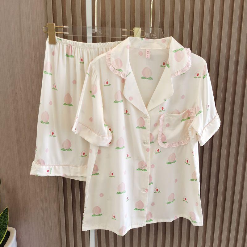 Japanese Style Bear Print Silk Touch Pajamas Women's Summer Cartoon Short Sleeve Shorts Thin Student Cool Home Wear