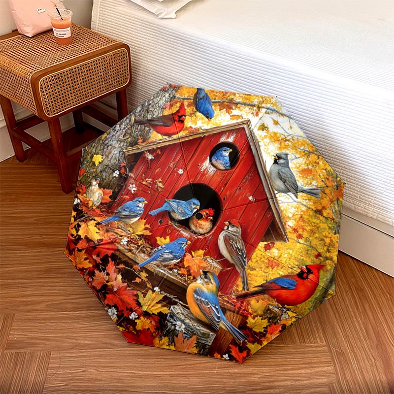 1 PC Automatic Folding Umbrella - Autumn Birdhouse Birds Pattern, Portable & Foldable Design with 8 Ribs, Christmas Birthday Gifts