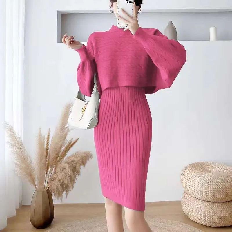 French style western-style sweater two-piece set thickened autumn and winter base dress fashionable knitted suspender dress