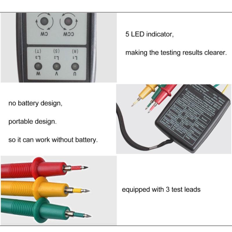 Phase Rotation Meter 5 LED Indicator No Battery Design 3 Test Leads 3 Phase Sequence Rotation Tester 60V To 600V AC