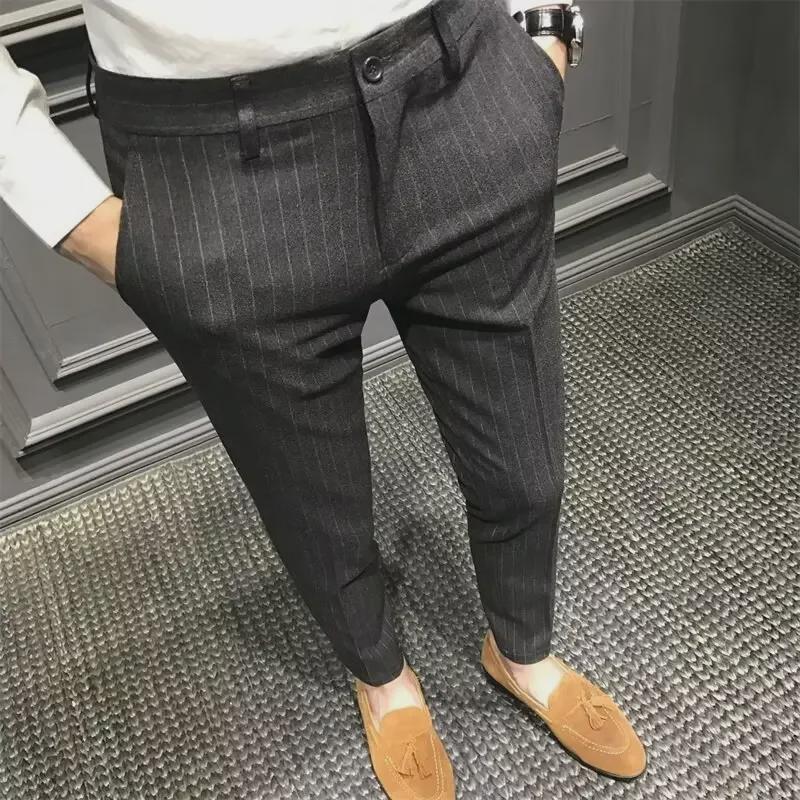 Men's Slim Fit Striped Plaid Trousers - Casual Korean Style with British Flair
