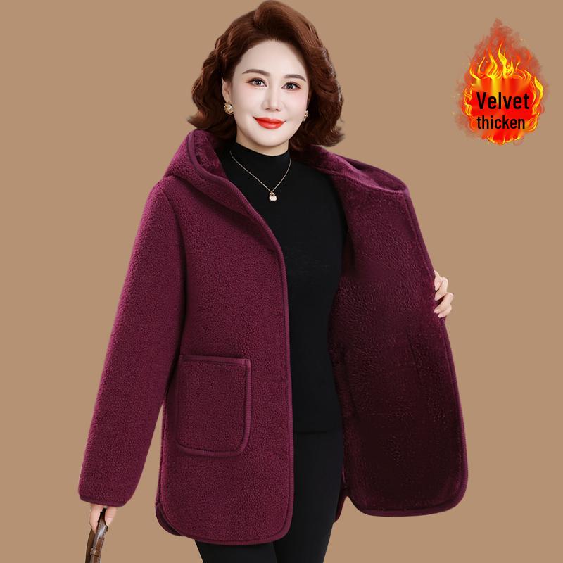 Mom's Fashionable Winter Hooded Fleece Lined Cotton Jacket for Middle-Aged & Elderly Women