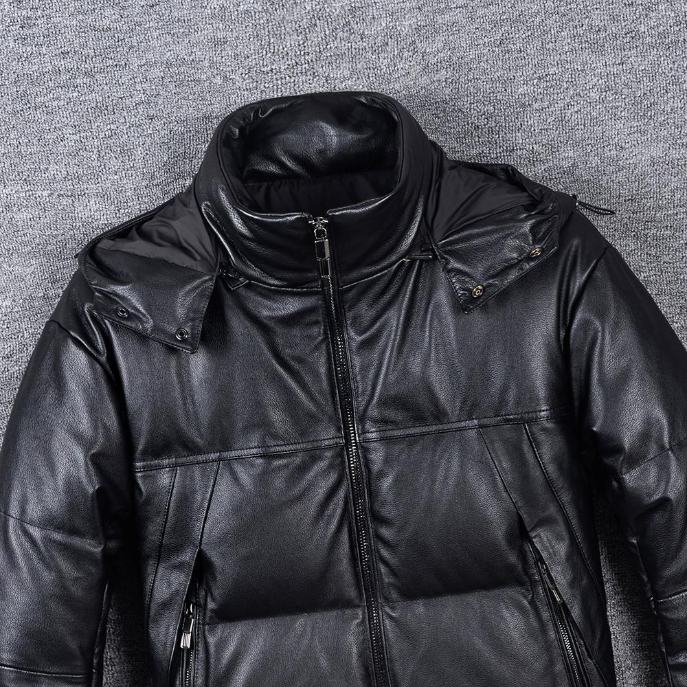 Wide Shoulder Thick Soft Men Genuine Cow Leather Duck Down Coat Removable Hood Warm Winter Jacket Cowhide Leather Men's Clothing