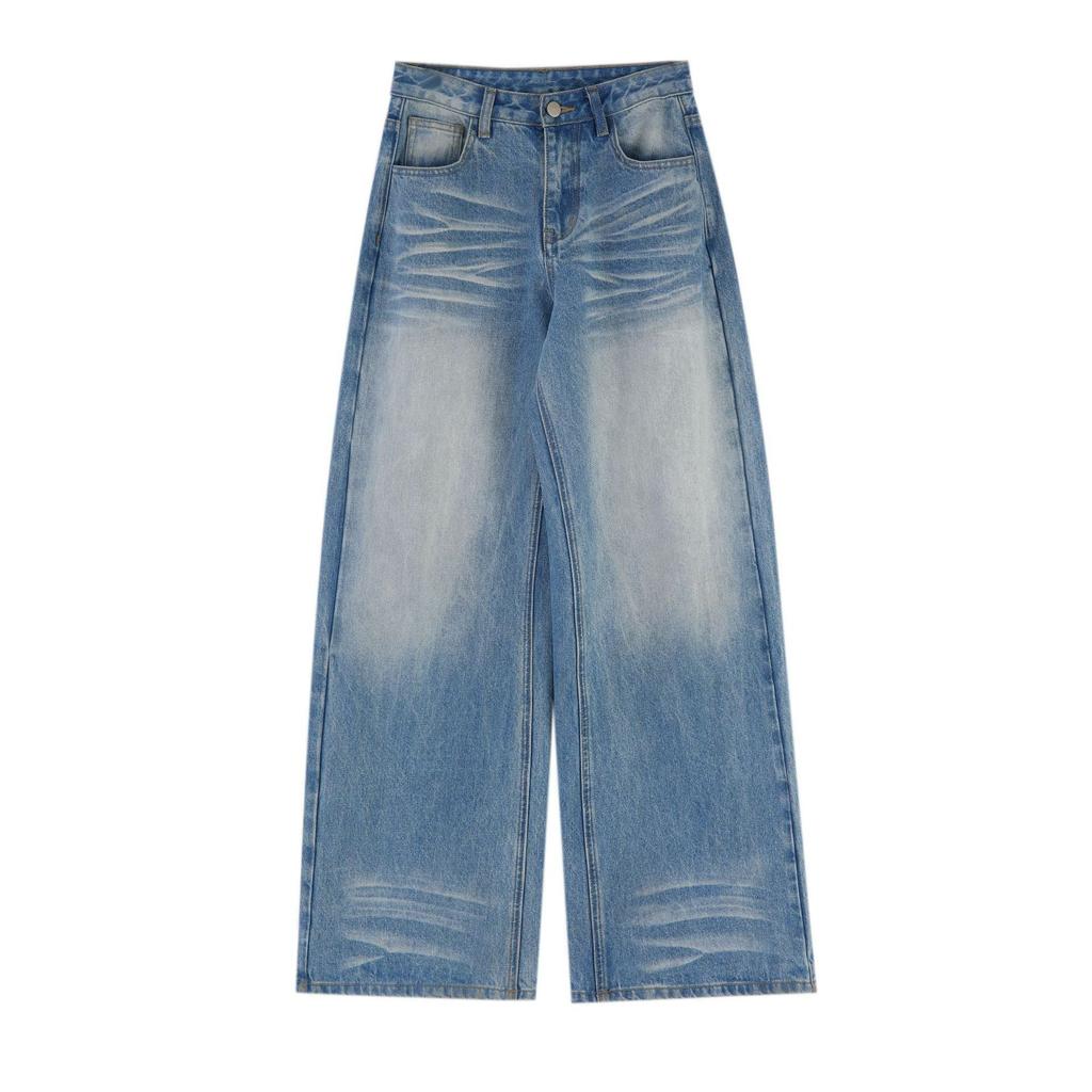 Comfortable Loose Crease Wide Leg Jeans Women Autumn Washed Blue Design Sense Skinny Drape Dragging Long Trousers Jeans for Women Long Denim Pants
