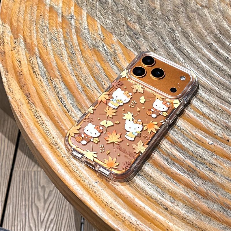 Hello Kitty Maple Leaf Phone Case for iPhone 17/16 Pro Max/15/14 - Autumn/Winter Translucent Yellow