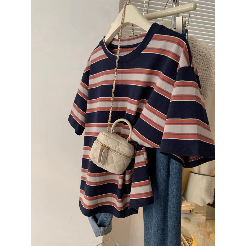 harajuku cartoon embroidery short sleeve T Shirt 2025 Summer fashion stripe T-shirt casual loose Women Clothing young girls white y2k Tops streetwear
