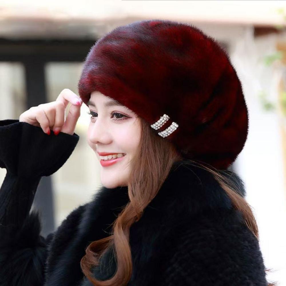 Mink Hat Women's Winter Warm Ear Protection Bag Head Middle-aged and Elderly Mother Model Beret Octagonal Snow Hat Imitation Fur