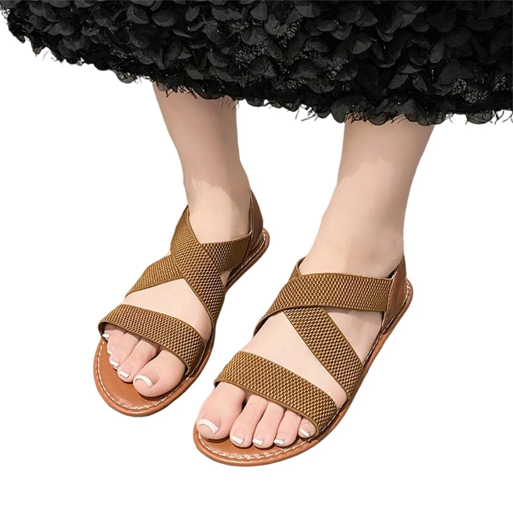 Women’s Plus Size Cross Strap Round Toe Casual Sandals with Elastic Upper and Flat Sole for Comfortable Wear