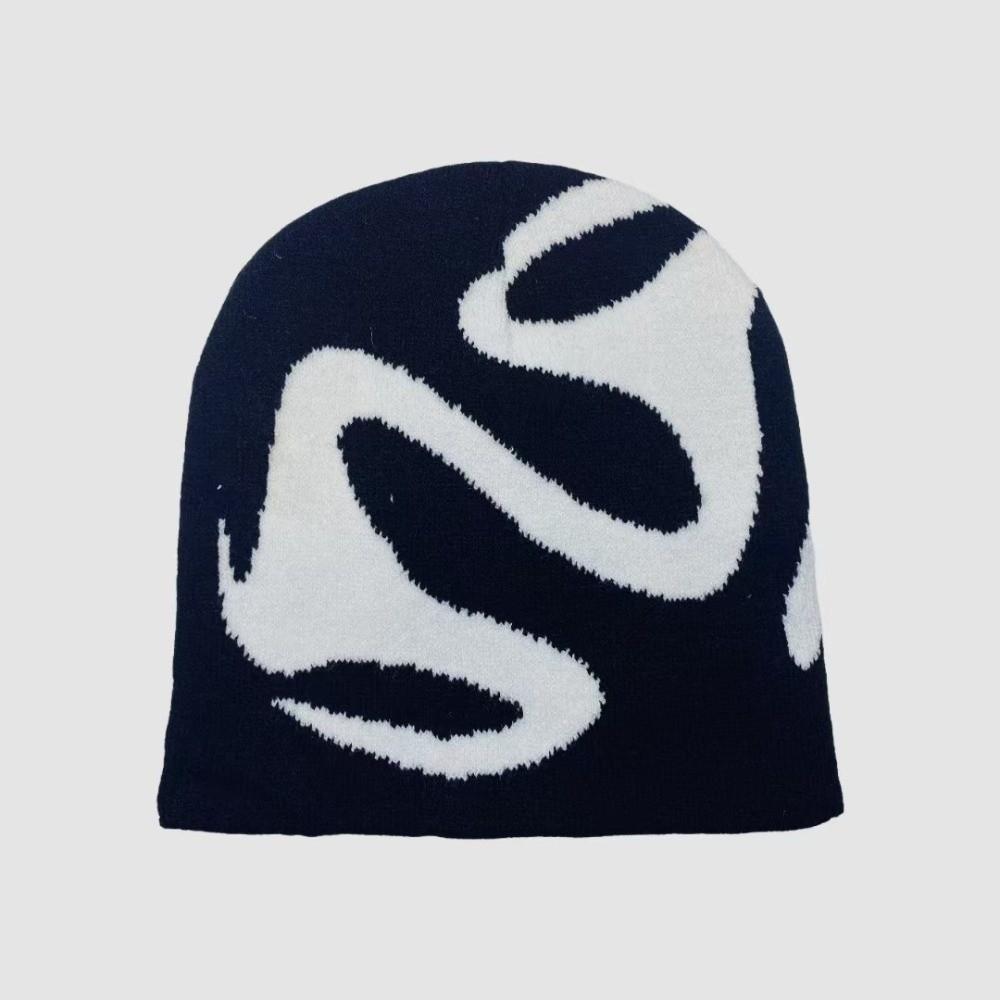 Elastic Y2K Knitted Hat Halloween Black White Pullover Cap Personality Jacquard Woolen Hat  Girls