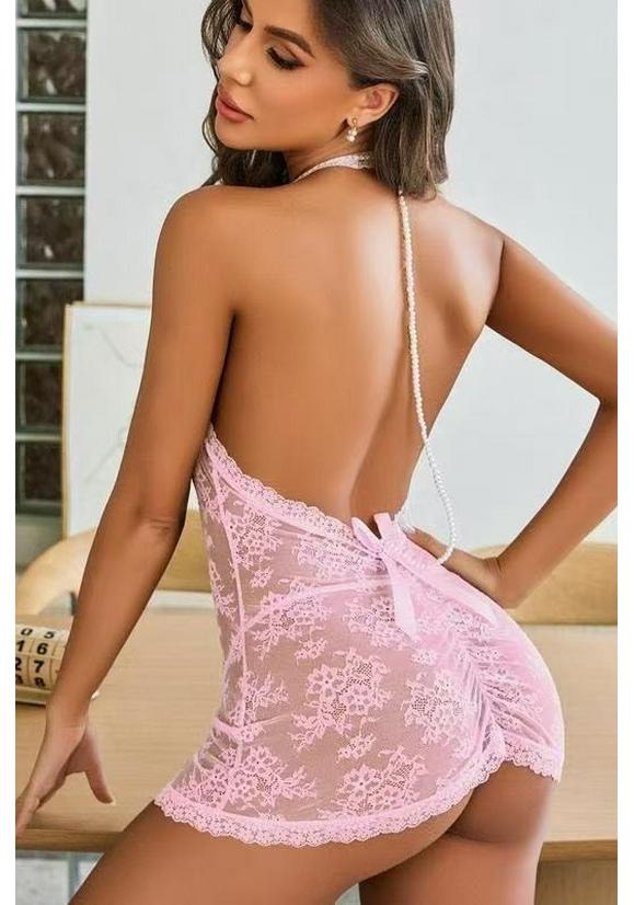 Plus Size Sexy Lace Backless Halter Nightgown Set