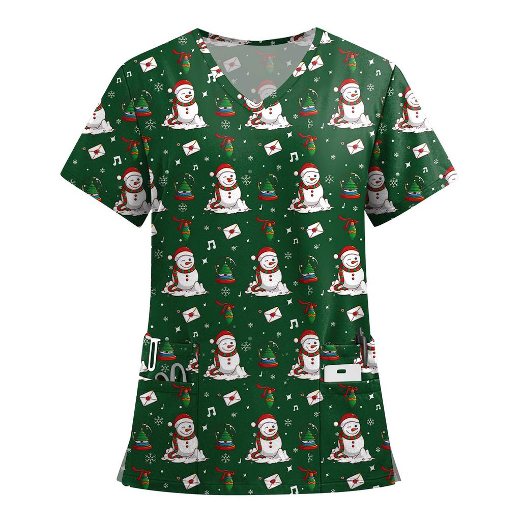 Women's Fashion Printed Short Sleeve V Neck Pattern Tops Pocket Working T-shirts