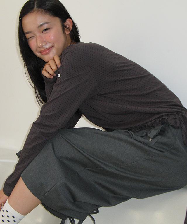 RONRON Mini Pocket Shirring Long Sleeve Charcoal Dot