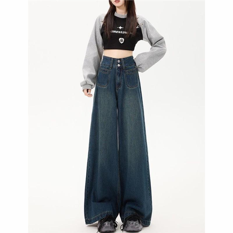 

American Style High-Waisted Plus Size Wide-Leg Jeans for Women - Floor-Length Slimming Pants XL