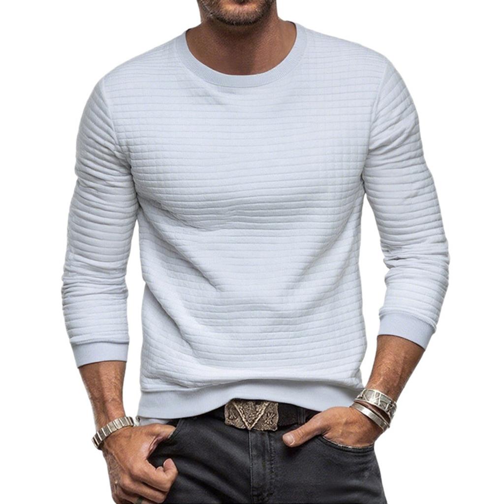 Men's Casual Long-Sleeved Checked Shirt, Slim-Fit Round-Neck Solid-Color Top