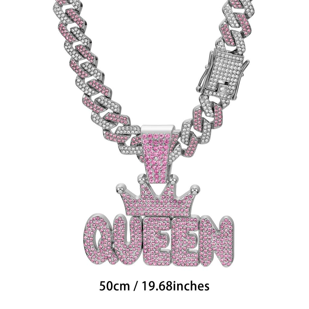 Couronne Rose Diamant pour Femme, Pendentif Lettre QUEEN, Collier Cubain Diamant Long Hip Hop Accessoire Féminin