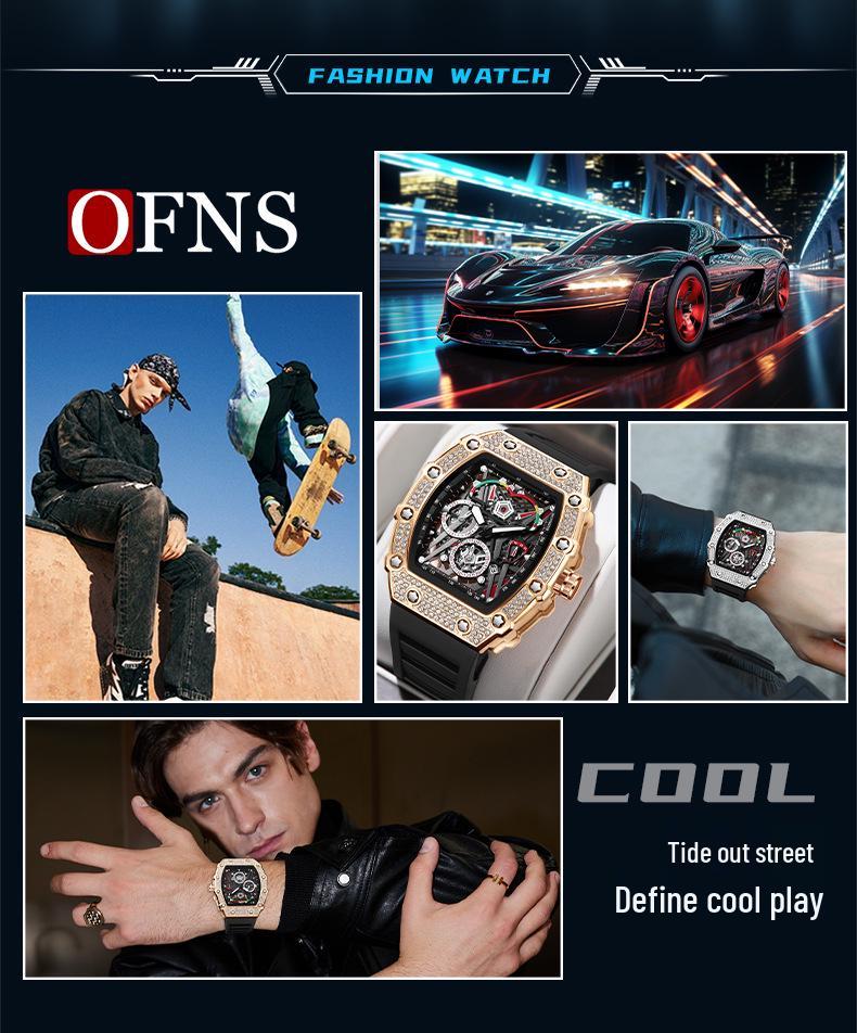 Oufannishi Barrel-Shaped Quartz Waterproof Skeleton Men's Watch with Calendar and Luminous Features