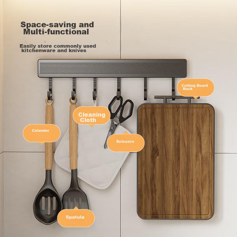 Kitchen Storage Rack, No Drilling Required, Space Aluminum Movable Hooks, Knife Holder, Pot Lid Rack, Household Storage Rod with Hooks, 40cm