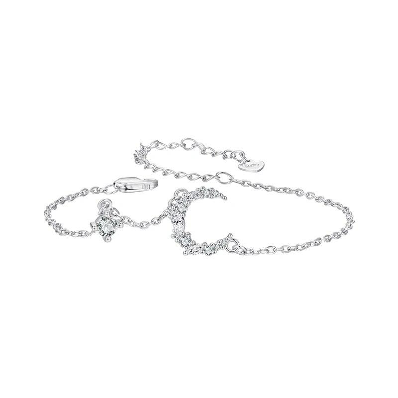 Bamoer 925 Sterling Silver Moon Bracelet, White Gold Plated Personalized Moonlight Dainty Link Chain Bracelet for Women