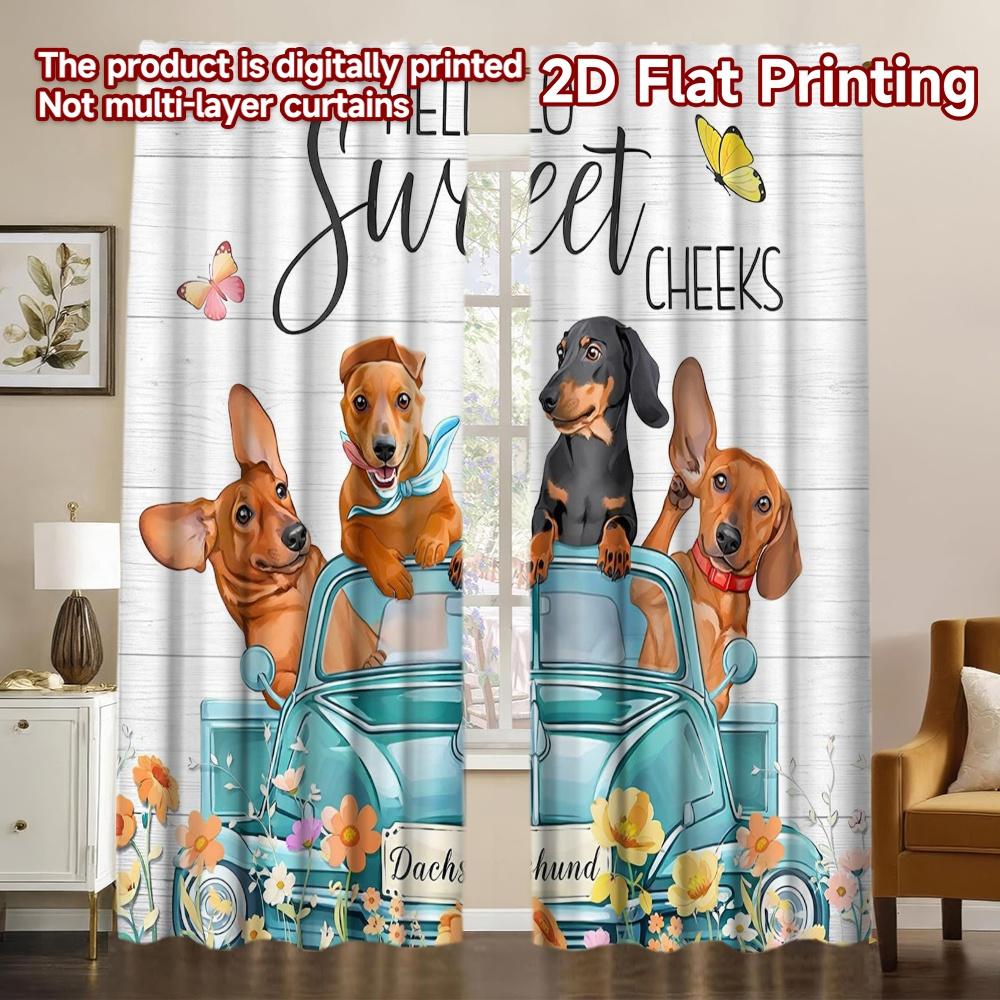 2D FLAT PRINTING 2pcs Curtains (Without Rod) Cute Dachshunds in Car Modern Pattern Curtains Versatile 100% Polyester Curtains 60×150cm