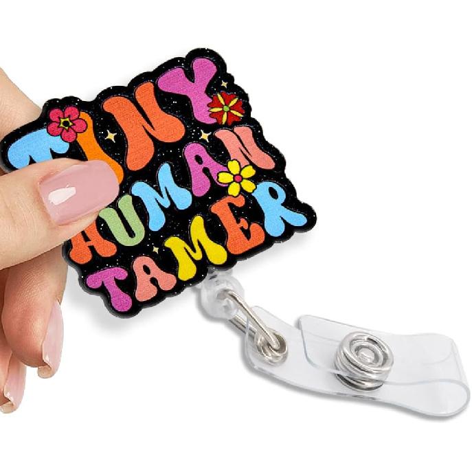 Tiny Human Tamer Retractable Badge Reel with Glitter, Funny Badge Holder for Preschool Kindergarten Babysitter Childcare Daycare Provider, Daycare