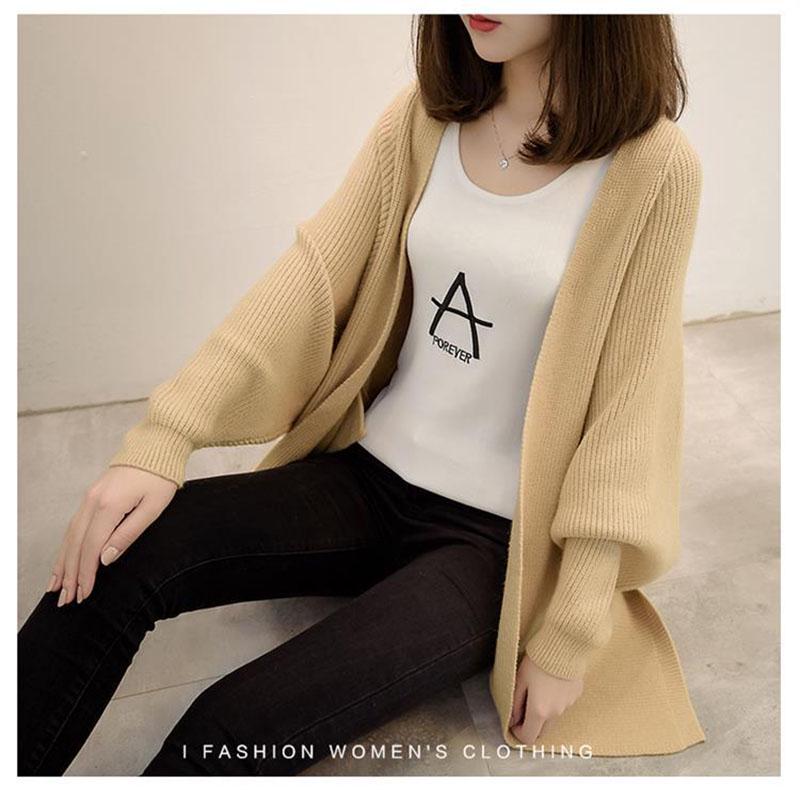 Spring and Autumn Women's Mid-length Knitted Cardigan Coat Loose with V-neck Top