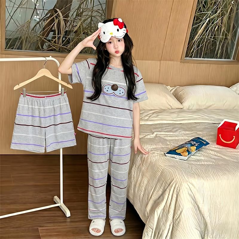 Girls' Cartoon Pajama Set - Short Sleeve, Long Pants, 3-Piece Summer Sleepwear for Kids