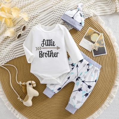 Baby Boy "Little Brother" Print Long Sleeve Cotton Bodysuit With Pants And Hat Outfit Set