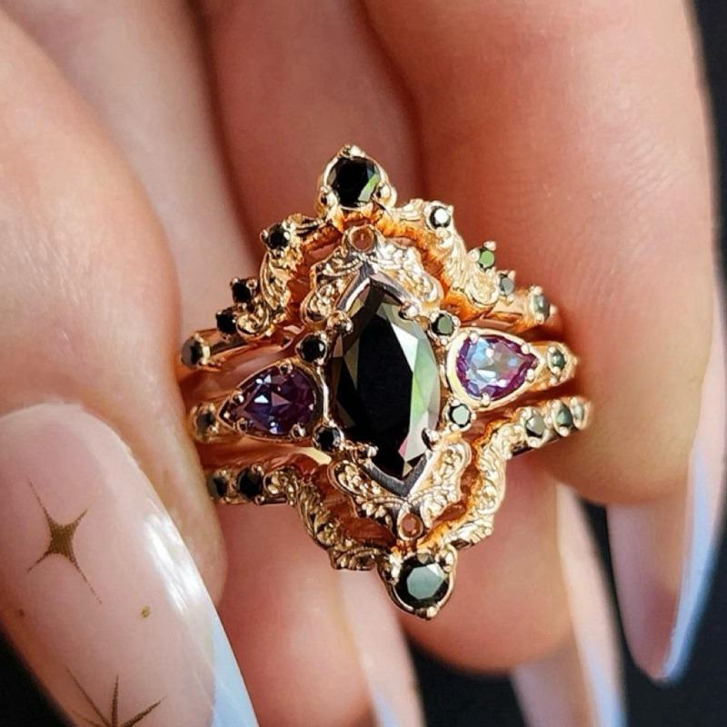 

European and American new fashion retro pattern black zircon inlaid luxury personalized women s three-piece ring 8&ROSE GOLD COLOR чорний